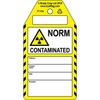 Norm Contaminated-tag, Engels, Zwart op wit, geel, 80,00 mm (B) x 150,00 mm (H)